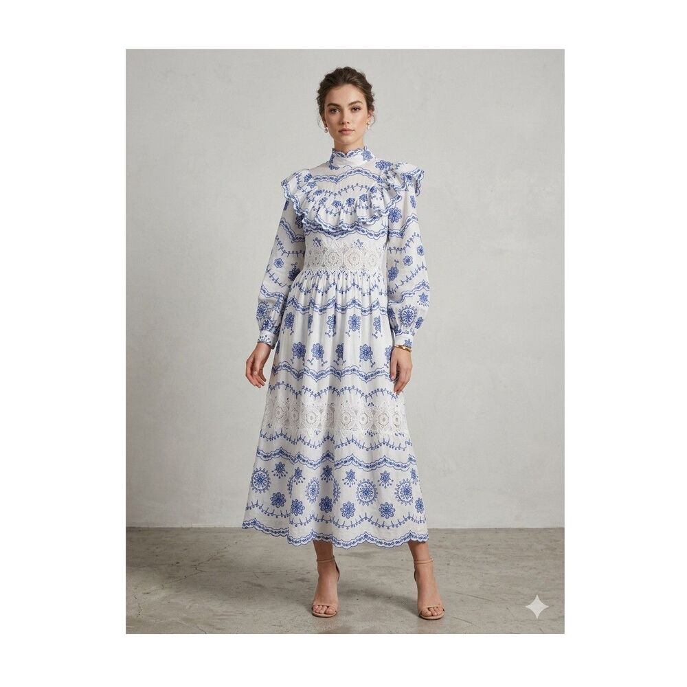 ASOS EDITION White Blue Embroidered Maxi Dress Lace Long Sleeve US 2 .